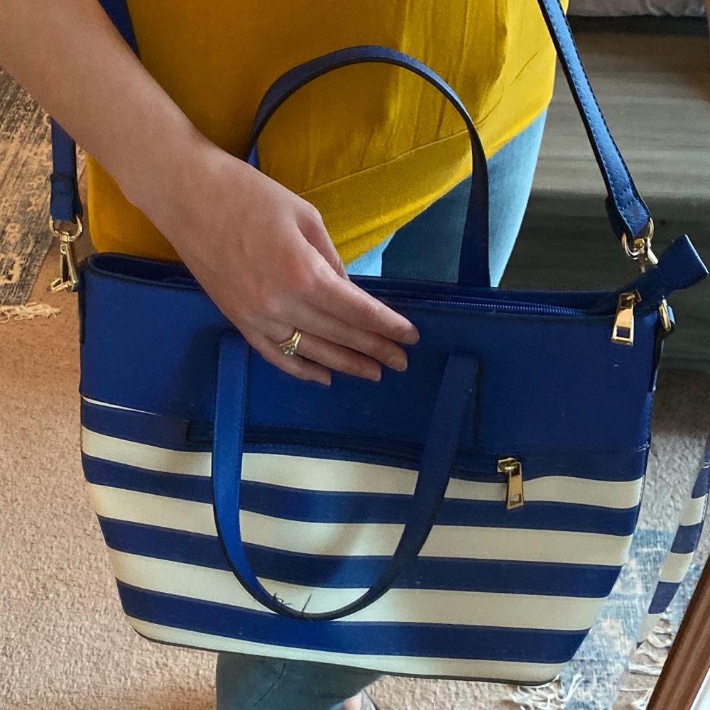 Blue and white striped purse